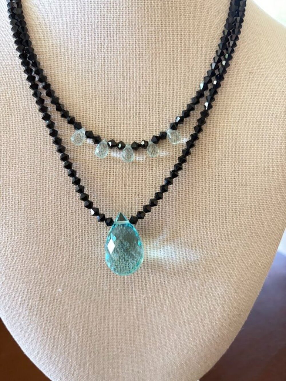 Genuine Swarovski Crystal Elements Double Strand Necklace Black Aqua Briolette - Picture 2 of 8